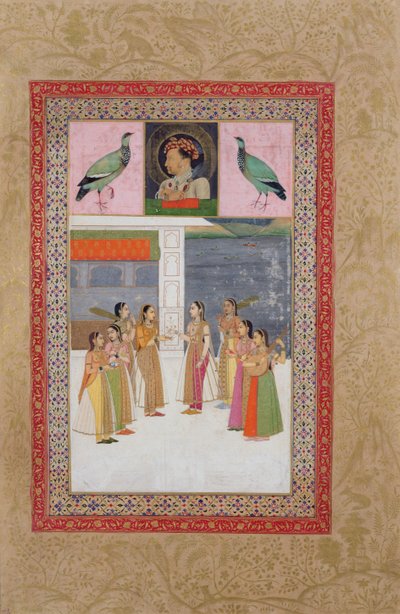 Portrait of Djahangir, Two Birds and Noble Women in Conversation by Indian School
